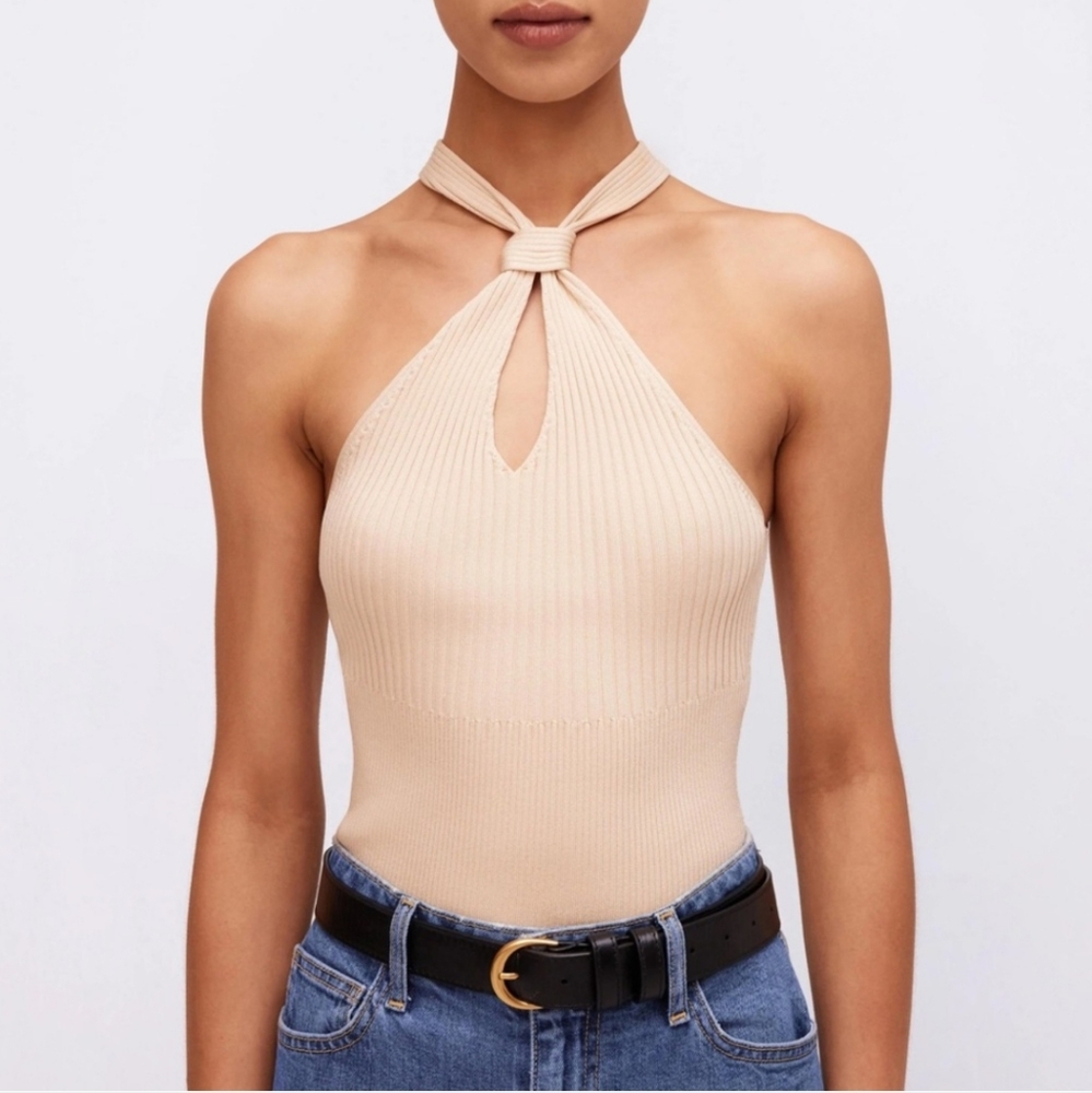 NWT $255 Jonathan Simkhai Andrea Knit Knotted Neck Halter Sleeveless Top Almond - Picture 13 of 16